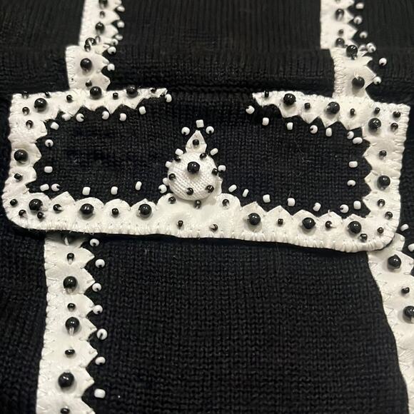 Vintage Knit Cardigan Sweater Black Large Beaded Vegan Leather Trim Satin - Picture 3 of 16